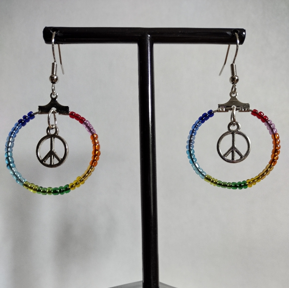 Peace Sign Charm Multi-Colored 2" Beaded Hoop Dangle SS Earrings